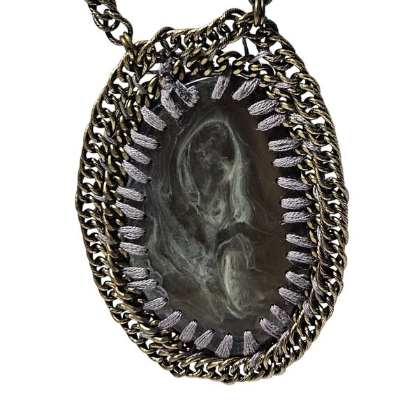 Vintage Marbled Stone Oval Pendant Necklace Braided Chain Fashion Jewelry Women - Picture 2 of 6